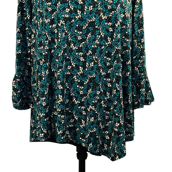 Rafaella Enchanting Leaf Pattern Bell Sleeve Top LARGE Teal Cream Black Asymmetr - Picture 6 of 15